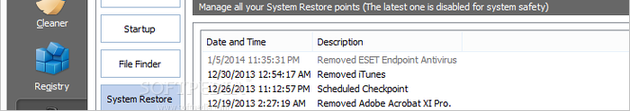 Showing the CCleaner system restore panel